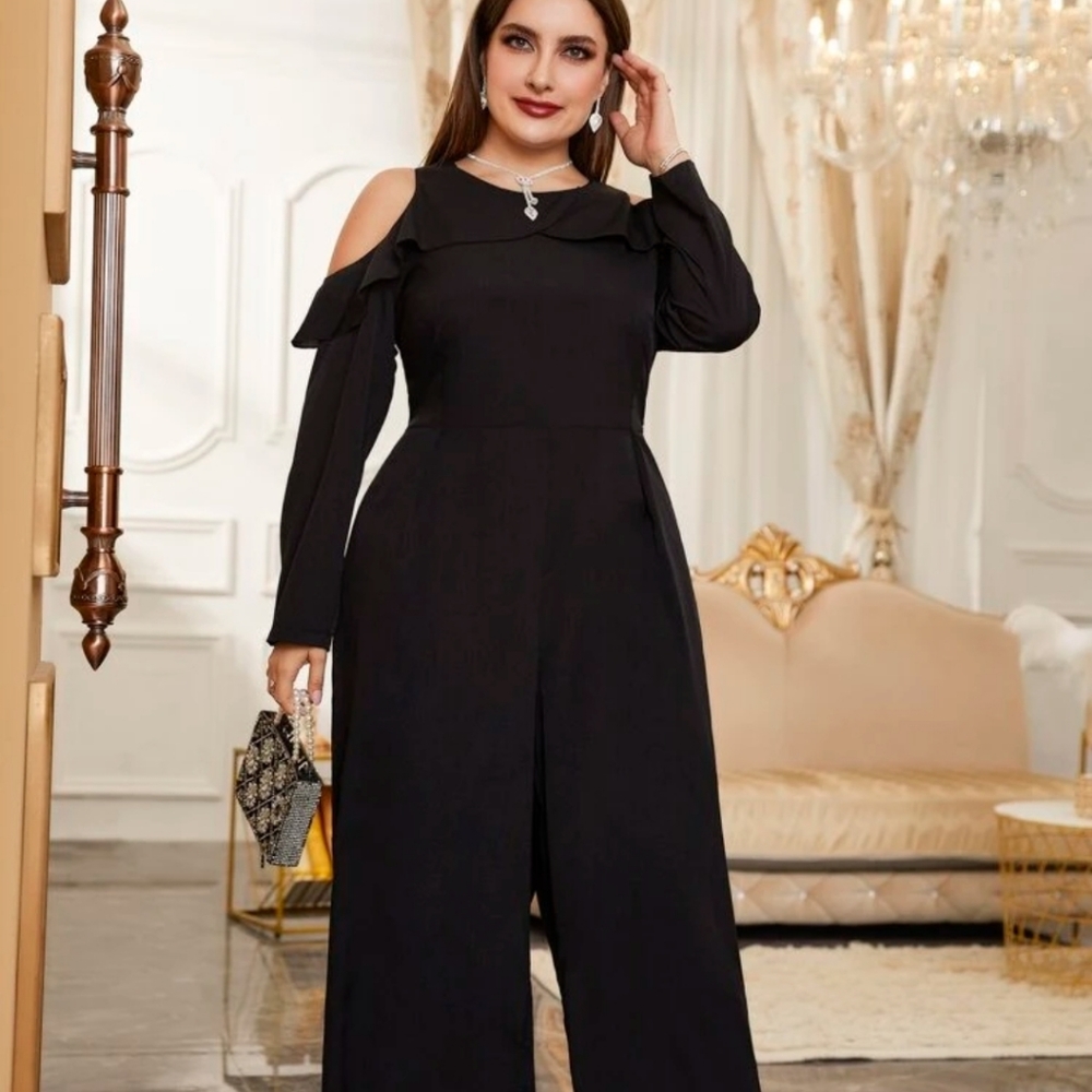 Plus Cold Shoulder Ruffle Trim Wide Leg Jumpsuit